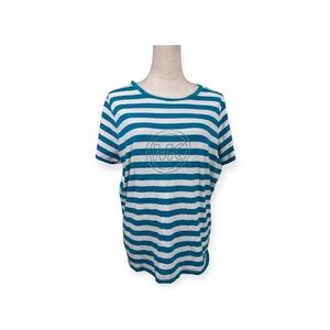 🆕 Michael Kors blur/green striped short sleeve top with silver MK logo size XL